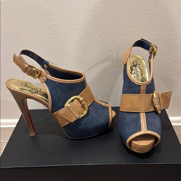 Sergio Zelcer Blue and Tan Platform Peep-Toe Heels EUC - Picture 3 of 4